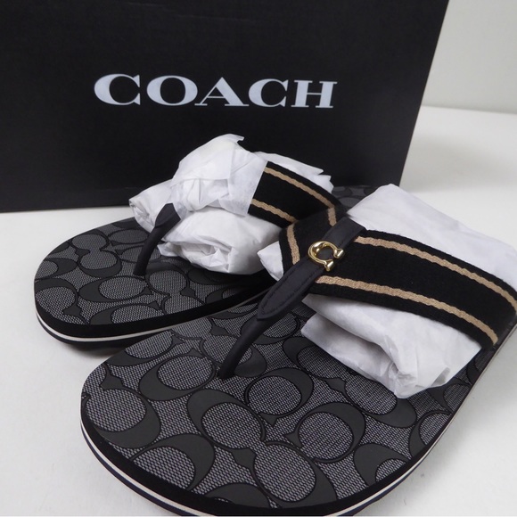 Coach Zoe Webbed Flip Flop Sandal w Signature C Logo Thong Slip On NIB - Picture 1 of 8